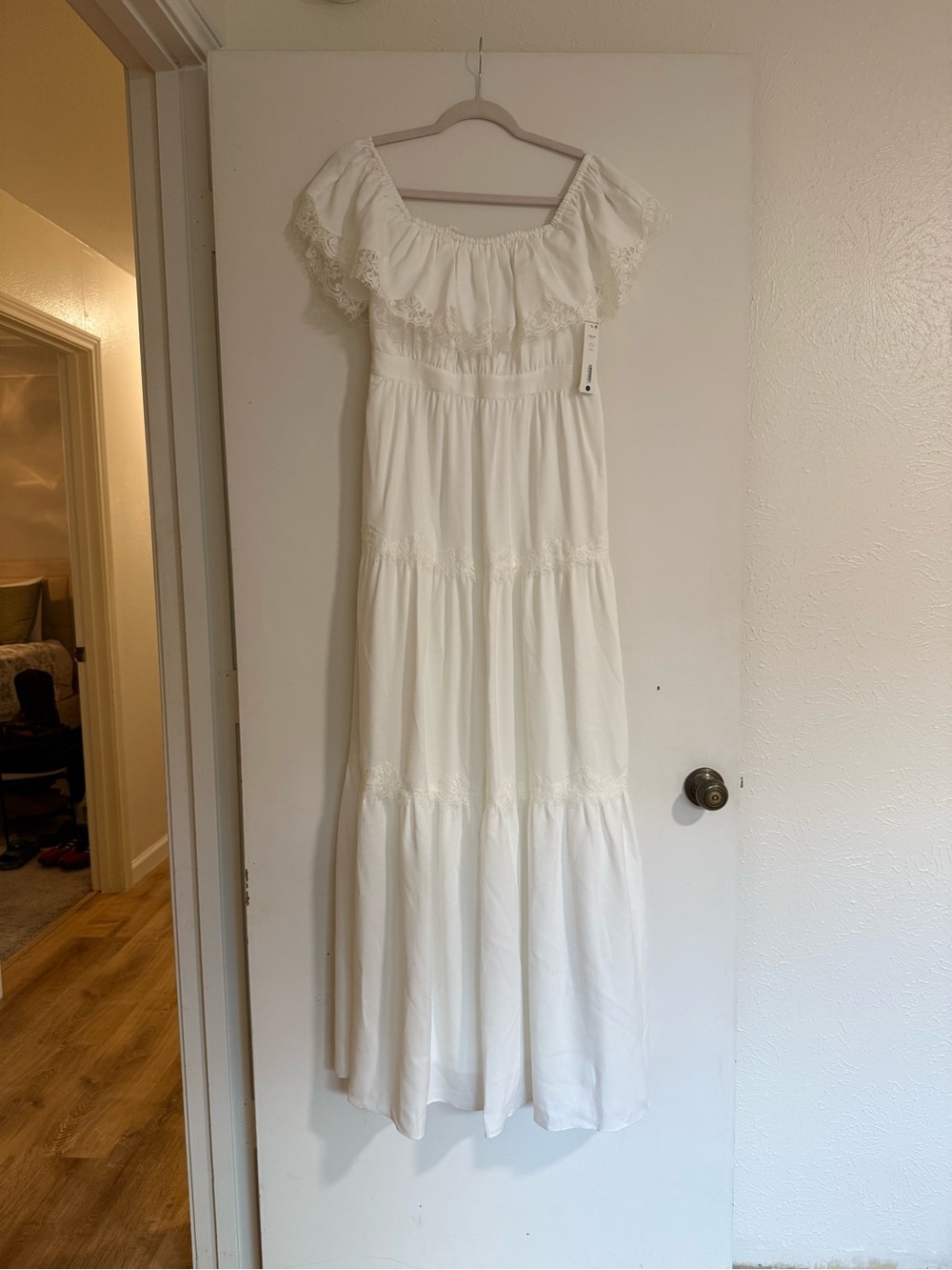 Aqua White Off-Shoulder Maxi Dress with Lace
